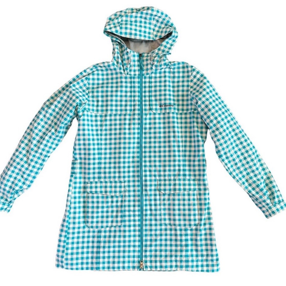 Columbia Teal and White Gingham Hooded Raincoat